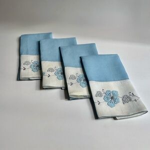 Vintage Set of 4 Embroidered Blue & Floral Finger Tip Towels